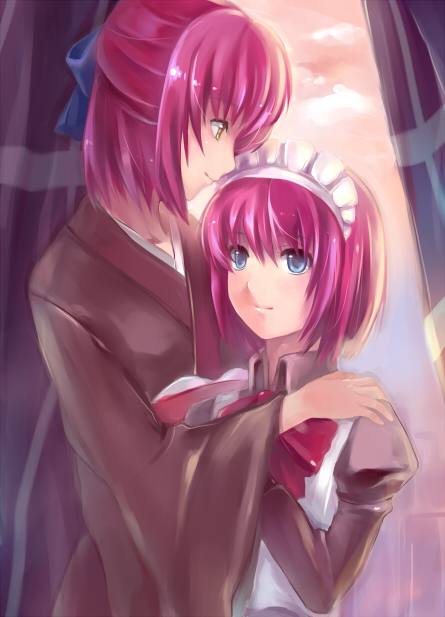 bla_(artist), blue_eyes, hairband, hisui, kohaku, maid, multiple_girls, red_hair