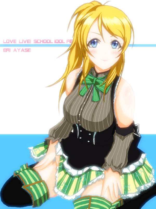 1girl, ayase_eli, bare_shoulders, blonde_hair, blue_eyes, blush, breasts, character_name