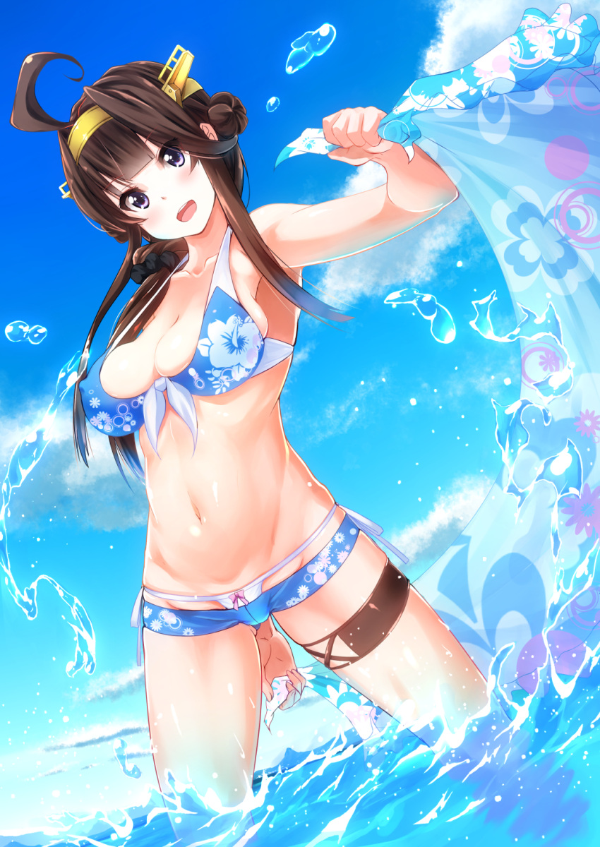1girl, :d, alternate_costume, armpits, bangs, bare_legs, bare_shoulders, bikini