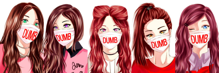 5girls, dumb_dumb_(song), irene_(red_velvet), joy_(red_velvet), mask, mugshot, multiple_girls, one_eye_closed, real_life, red_velvet_(group), seulgi_(red_velvet), sm_entertainment, wendy_(red_velvet), xogichan, yeri_(red_velvet)