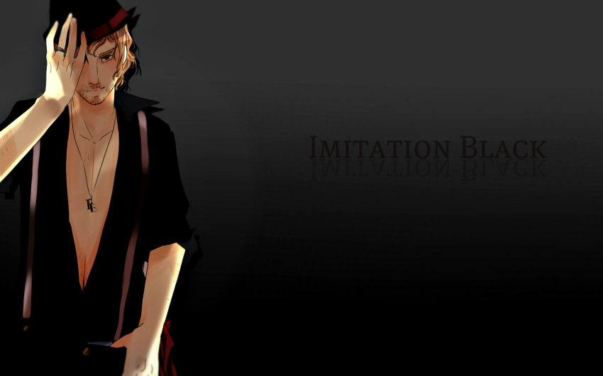1boy, beard, blue_eyes, brown_hair, bruno_(vocaloid), copyright_name, facial_hair, hat