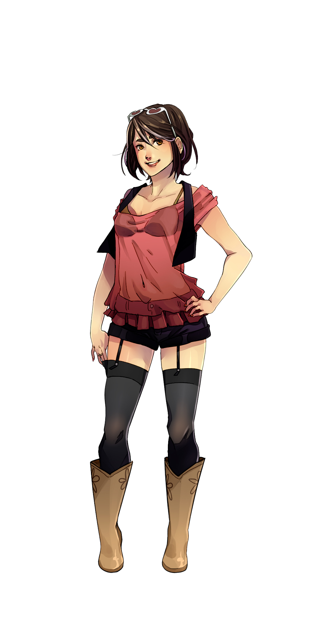 1girl, boots, brown_hair, clara_(vocaloid), covered_navel, glasses, highres, multicolored_hair