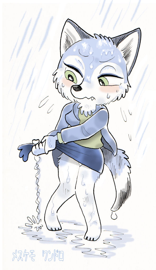 1girl, black_eyes, dog, female, full_body, furry, oda_takashi, raining