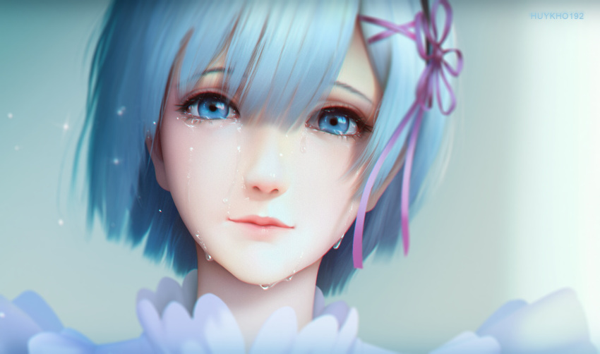 1girl, artist_name, blue_eyes, blue_hair, blurry, depth_of_field, hair_ornament, highres