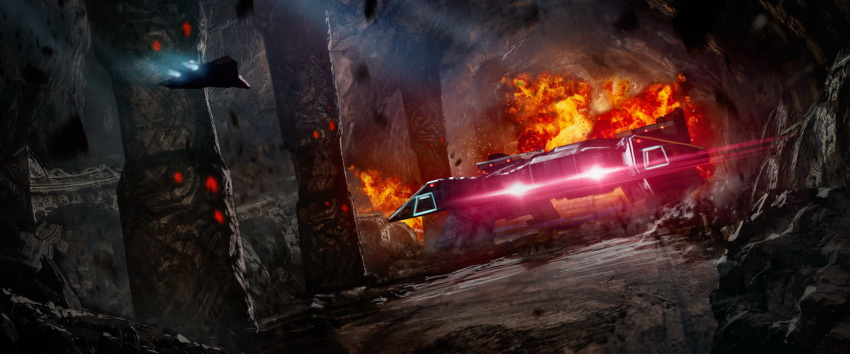 aircraft, airplane, cave, concept_art, explosion, fighter_jet, highres, jet, military, military_vehicle, no_humans, pilot_(raiden_v), raiden_(series), raiden_v, skan_srisuwan, studio_hive