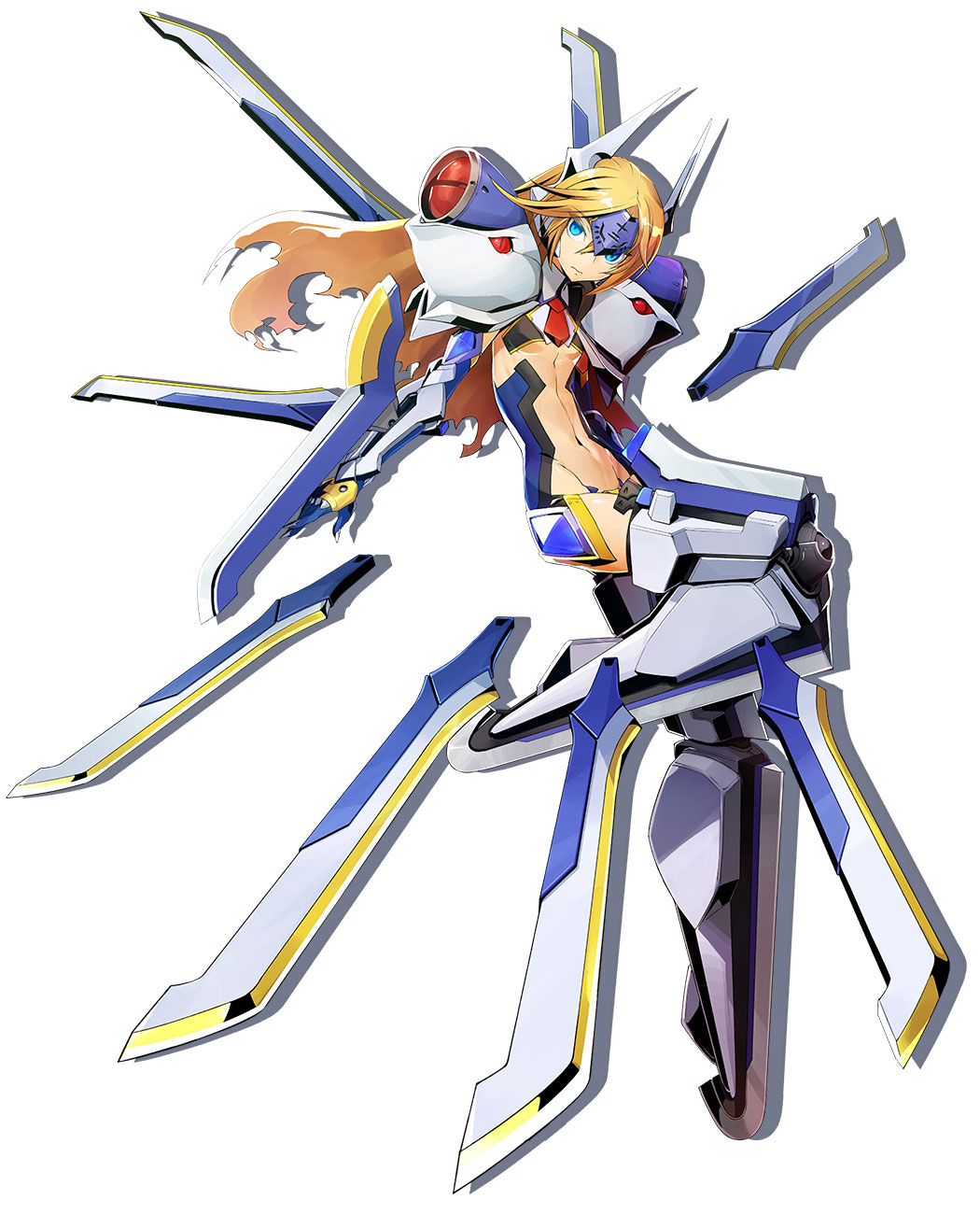 1girl, blazblue, blazblue:_central_fiction, blonde_hair, blue_eyes, boots, elbow_gloves, expressionless