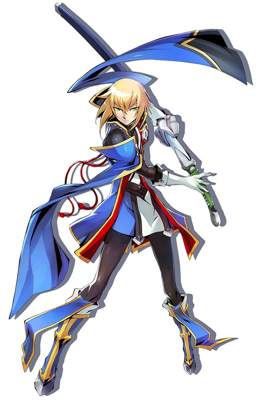 1boy, blazblue, blazblue:_central_fiction, blonde_hair, blue_boots, bodysuit, boots, coat, elbow_gloves, gloves, green_eyes, highres, jin_kisaragi, katou_yuuki, kisaragi_jin, knee_boots, looking_at_viewer, male_focus, official_art, serious, shadow, solo, standing, sword, weapon, white_background, white_gloves, yukianesa