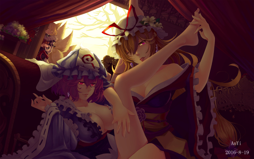 4girls, adapted_costume, alternate_costume, animal_ears, anyi, artist_name, backlighting, bangs, bare_shoulders, bare_tree, barefoot, between_legs, blonde_hair, bow, breasts, brown_hair, cat_ears, chen, cleavage, couch, covering_another's_eyes, curtains, dated, day, dutch_angle, earrings, feet, flower, foot_hold, fox_ears, fox_tail, frilled_kimono, frilled_sleeves, frills, fur_trim, hair_between_eyes, hair_bow, hands_on_feet, hat, hat_flower, hat_ribbon, highres, holding_another's_foot, indoors, jacket, japanese_clothes, jewelry, kimono, koumajou_densetsu, koumajou_densetsu_2, leg_licking, legs, legs_up, licking, lily_(flower), long_hair, long_sleeves, looking_at_another, looking_at_viewer, looking_up, medium_breasts, mob_cap, multiple_girls, multiple_tails, no_hat, no_headwear, obi, off_shoulder, one_eye_closed, open_mouth, parted_lips, peeping, pink_eyes, purple_hair, red_jacket, ribbon, ribbon-trimmed_sleeves, ribbon_trim, saigyouji_yuyuko, sash, short_hair, short_kimono, sunlight, tail, thighs, toes, touhou, tree, triangular_headpiece, veil, very_long_hair, violet_eyes, white_coat, wide_sleeves, yakumo_ran, yakumo_yukari, yellow_eyes, yuri