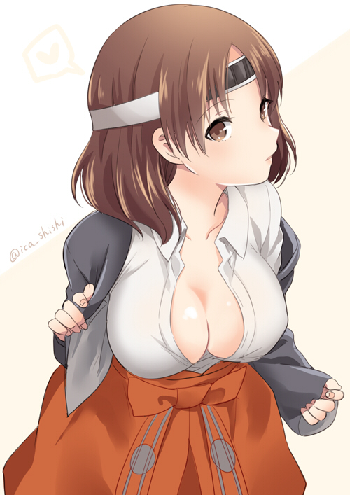 1girl, bangs, blouse, blue_jacket, breasts, brown_eyes, brown_hair, chiyoda_(kantai_collection)