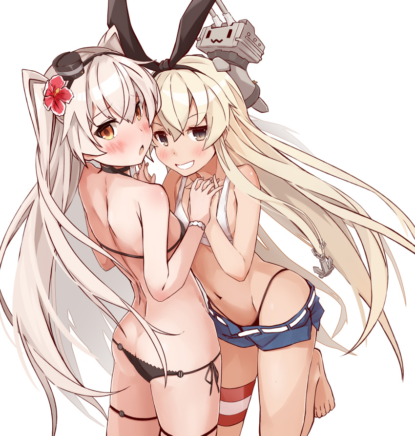 2girls, amatsukaze_(kantai_collection), anchor, anchor_hair_ornament, ass, back, bare_shoulders, barefoot