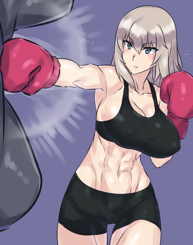 1girl, abs, bike_shorts, blue_eyes, boxing, boxing_gloves, breasts, evuoaniramu