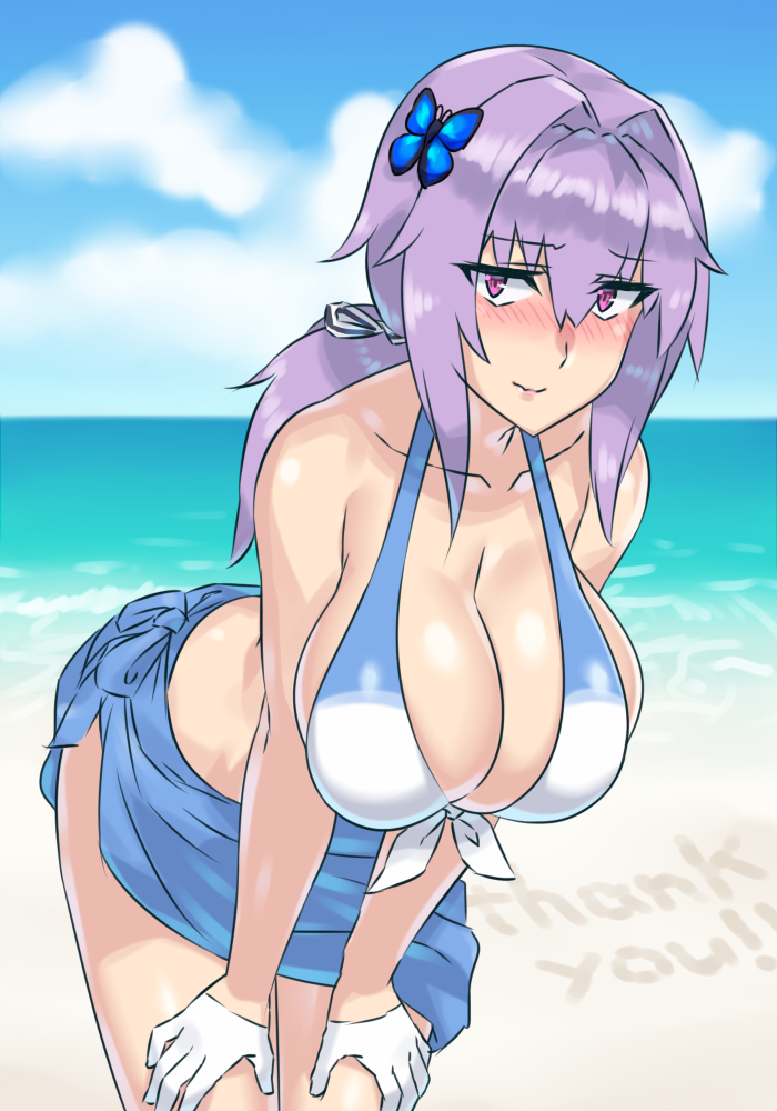 1girl, beach, bending_forward, bikini, blush, breasts, cleavage, evuoaniramu