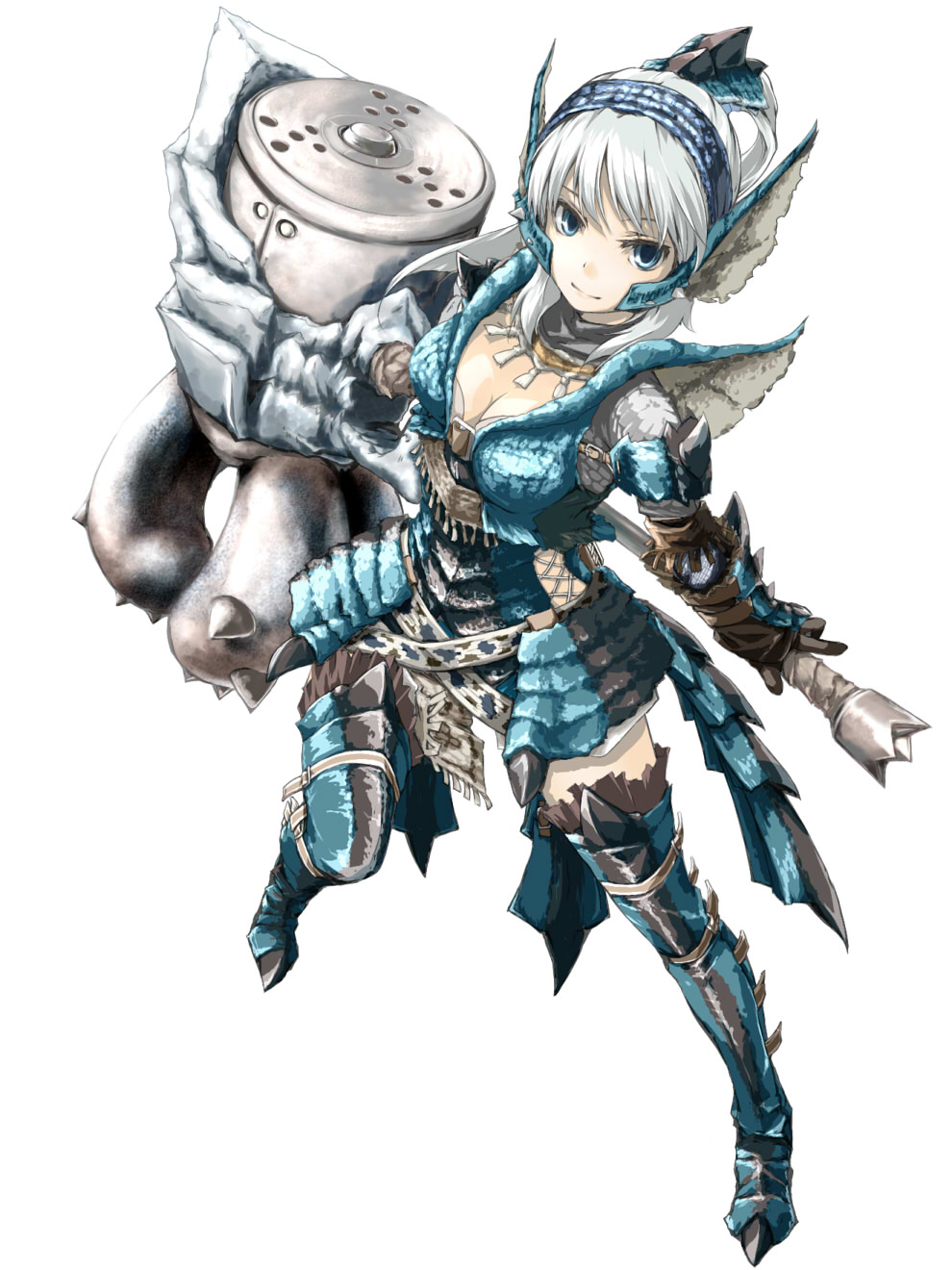 azure_rathalos, blue_eyes, breasts, cleavage, hammer, highres, monster_hunter, rathalos_(armor), sanoharu, short_hair, thighhighs, white_hair