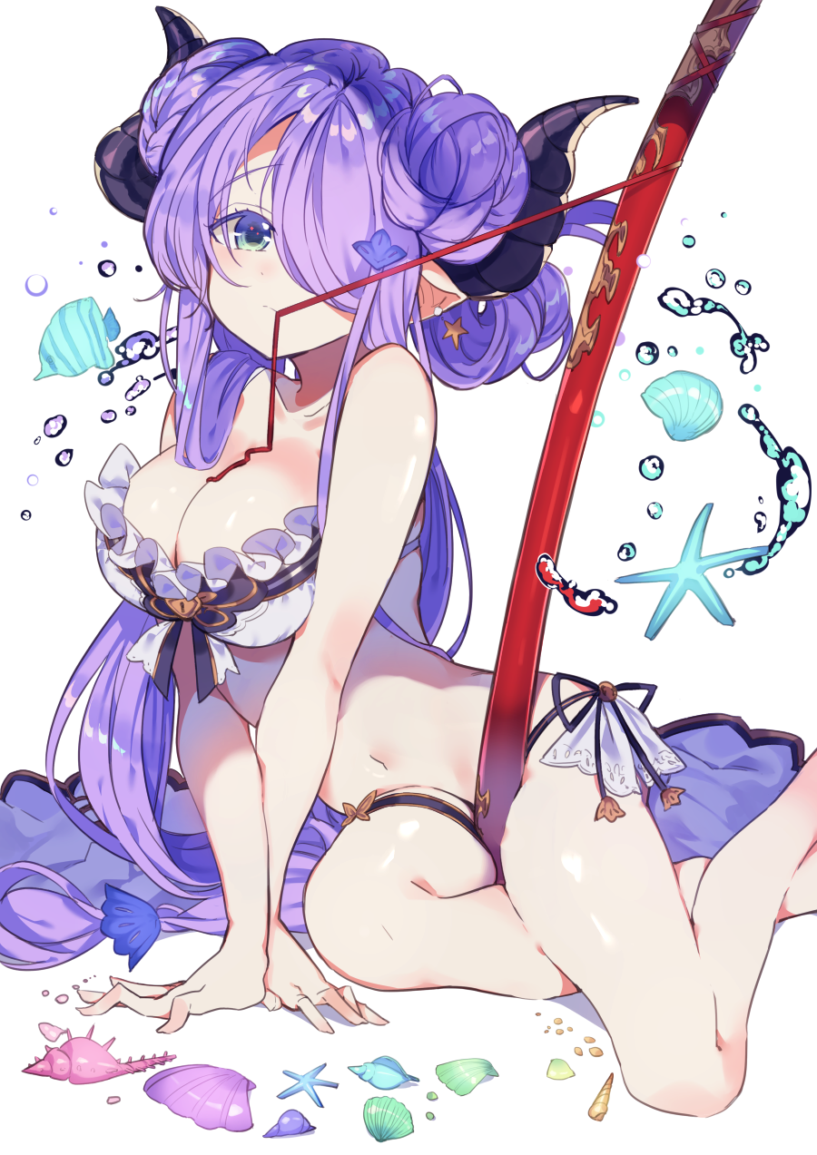 1girl, alternate_costume, arm_support, bare_arms, bare_legs, bare_shoulders, barefoot, bikini, blue_eyes, breasts, clams, colored_eyelashes, demon_horns, doraf, double_bun, full_body, granblue_fantasy, groin, hair_ornament, hair_over_one_eye, highres, horns, katana, kinokoko-kino, large_breasts, lavender_hair, long_hair, looking_at_viewer, low_twintails, midriff, mouth_hold, narumeia_(granblue_fantasy), navel, pointy_ears, sheath, sheathed, sitting, solo, swimsuit, sword, twintails, weapon, white_bikini, yokozuwari