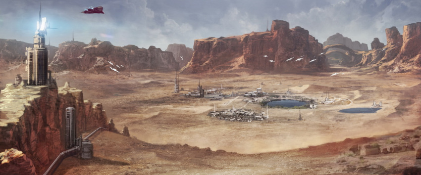 aircraft, airplane, concept_art, desert, fighter_jet, highres, jet, landscape