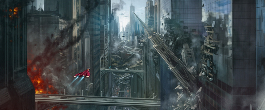 aircraft, airplane, bridge, building, city, cityscape, concept_art, destruction