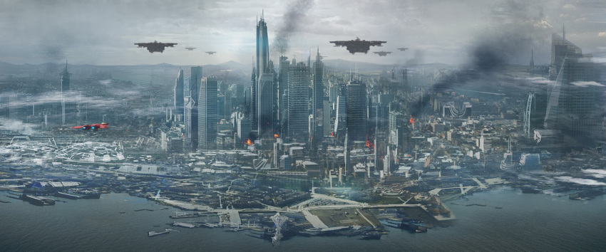 aircraft, airplane, city, cityscape, concept_art, fighter_jet, highres, jet