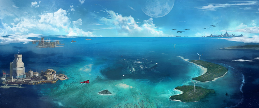 aircraft, airplane, building, clouds, concept_art, fighter_jet, highres, horizon