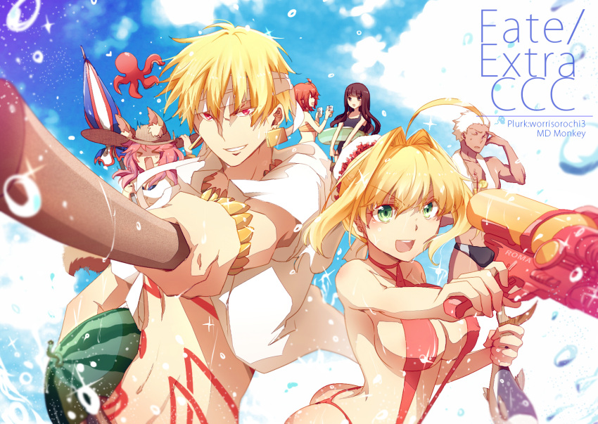2boys, 4girls, ahoge, animal_ears, archer, blonde_hair, bracelet, breasts