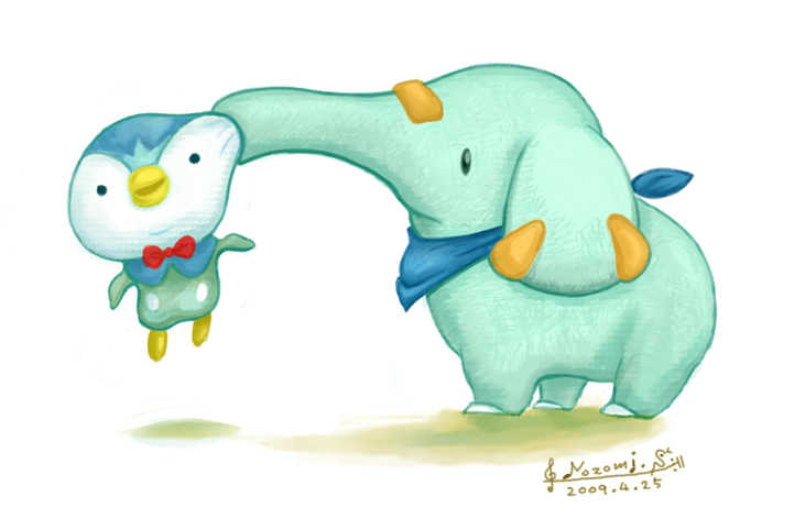 alternate_color, clothed_pokemon, dated, f-nezumi, no_humans, phanpy, piplup, pokemon