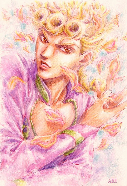 1boy, aki-rose, artist_name, blonde_hair, earrings, flower, giorno_giovanna, jewelry