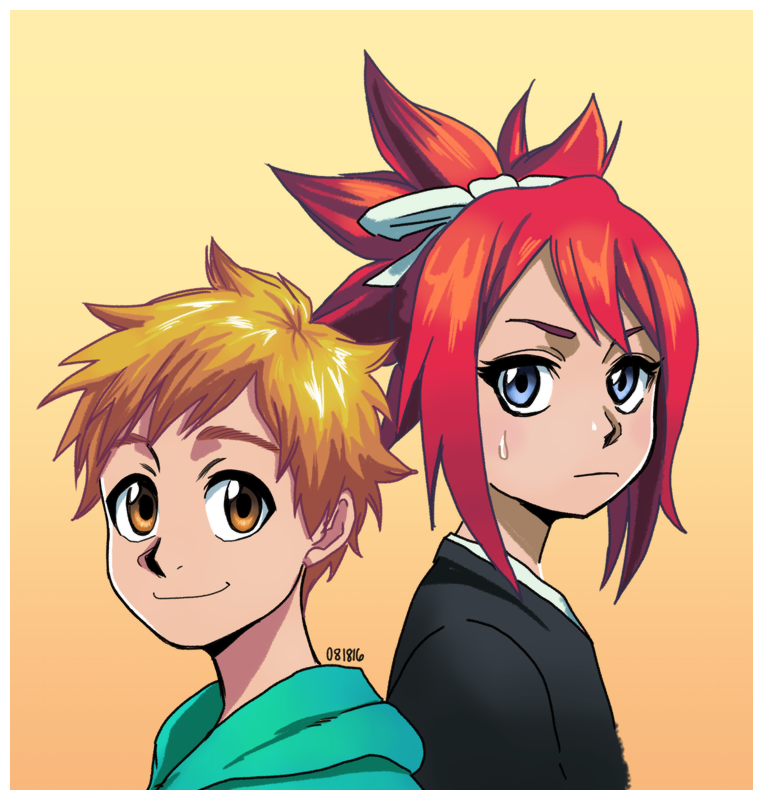 1boy, 1girl, abarai_ichika, bleach, kurosaki_kazui, orange_hair, redhead