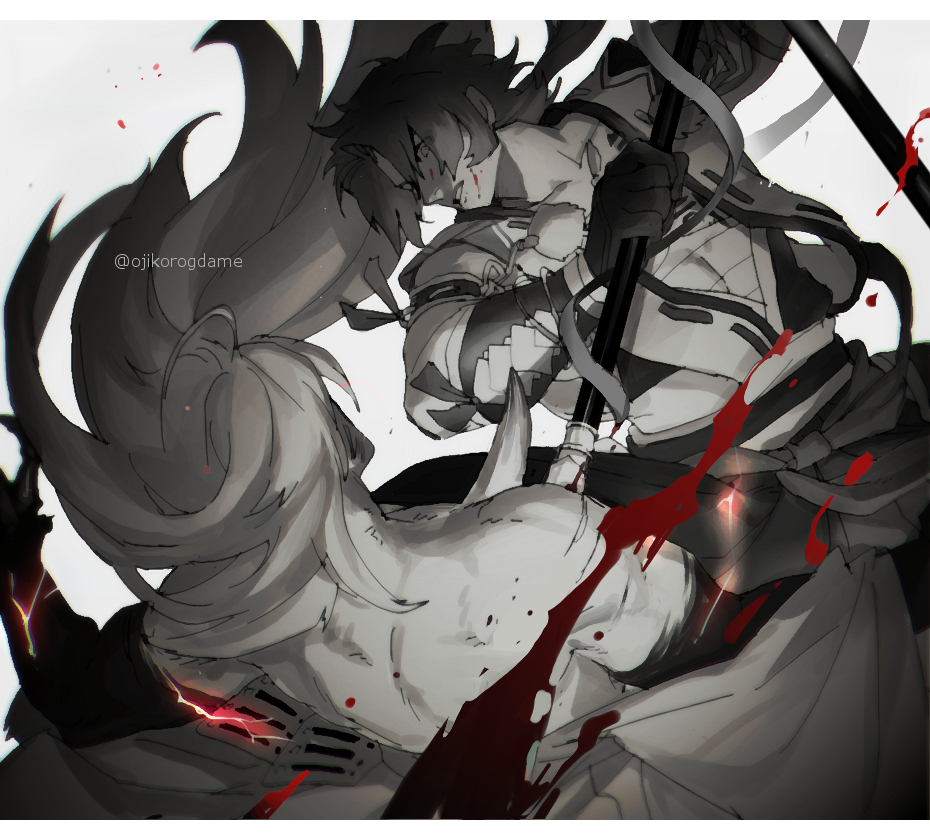 2boys, armor, blood, blood_on_face, enemy_yari, historical_revisionist, horns, impaled
