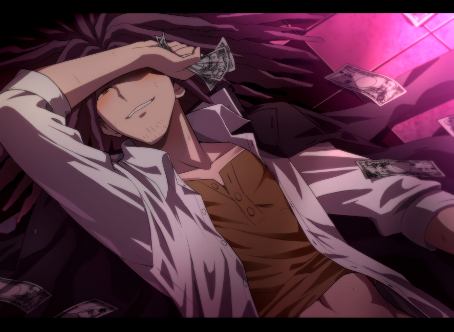 1boy, blush, brown_eyes, brown_hair, clenched_hand, dangan_ronpa, dangan_ronpa_1, facial_hair, hagakure_yasuhiro, jacket_on_shoulders, kajiwara_io, letterboxed, looking_down, lying, male_focus, money, navel, on_back, smirk, solo, stubble, sweat