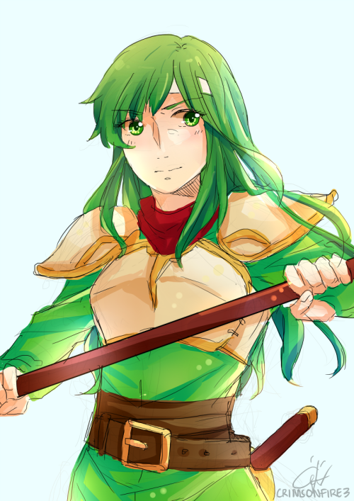 1girl, armor, artist_name, bangs, belt, belt_buckle, blue_background, blush, breastplate, buckle, commentary, cowboy_shot, crimsonfire3, eyebrows, eyebrows_visible_through_hair, eyelashes, fire_emblem, fire_emblem:_ankoku_ryuu_to_hikari_no_tsurugi, fire_emblem:_mystery_of_the_emblem, fire_emblem:_shin_ankoku_ryuu_to_hikari_no_tsurugi, fire_emblem:_shin_monshou_no_nazo, green_eyes, green_hair, headband, holding, holding_weapon, long_hair, matching_hair/eyes, paola, polearm, sheath, sheathed, signature, simple_background, sketch, solo, spaulders, sword, weapon