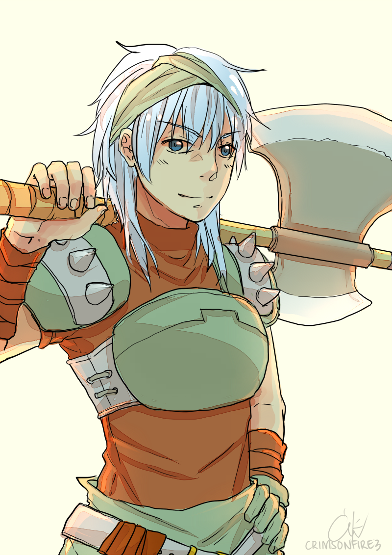 1girl, armor, artist_name, axe, backlighting, bangs, belt, blue_eyes