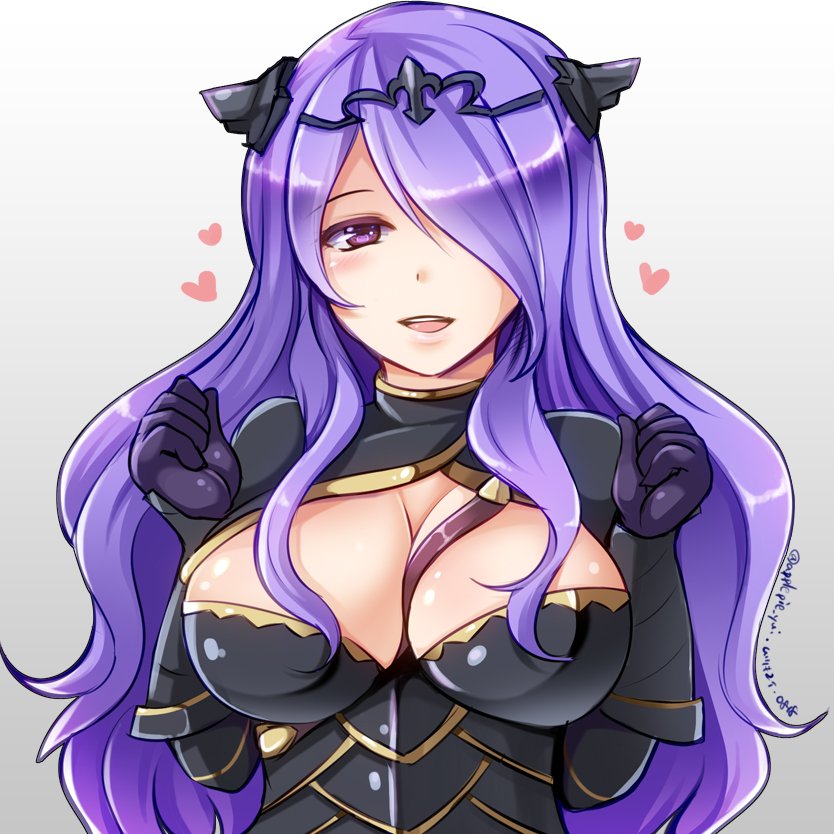 1girl, armor, between_breasts, breasts, camilla_(fire_emblem_if), circlet, cleavage, clenched_hands, fire_emblem, fire_emblem_if, gradient, gradient_background, hair_over_one_eye, heart, kiritsuki_yuu_koromo, large_breasts, long_hair, looking_at_viewer, purple_hair, smile, solo, strap, upper_body, violet_eyes
