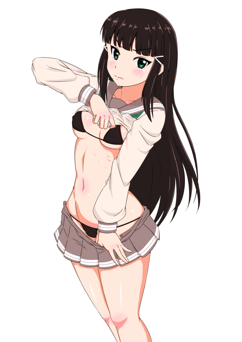1girl, bikini, bikini_under_clothes, black_hair, blush, breasts, erect_nipples, green_eyes, groin, hair_ornament, hairclip, highres, kurosawa_dia, long_hair, looking_at_viewer, love_live!, love_live!_sunshine!!, mole, mole_under_mouth, navel, school_uniform, serafuku, shiny, shiny_skin, shirt, shirt_lift, skirt, skirt_lift, skirt_pull, solo, swimsuit, swimsuit_under_clothes, taka_(copyrobot), thighs, under_boob, wide_hips