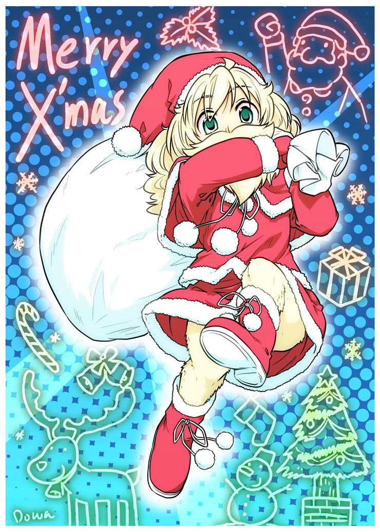 1girl, beard, blonde_hair, christmas, dowa_unlimited, dwarf, facial_hair, fur_trim