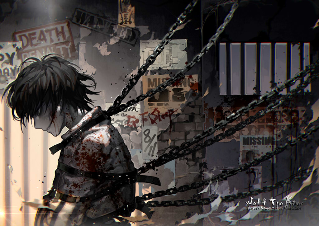 1boy, black_hair, blood, blood_on_face, bloody_clothes, borrowed_character, chained, chains