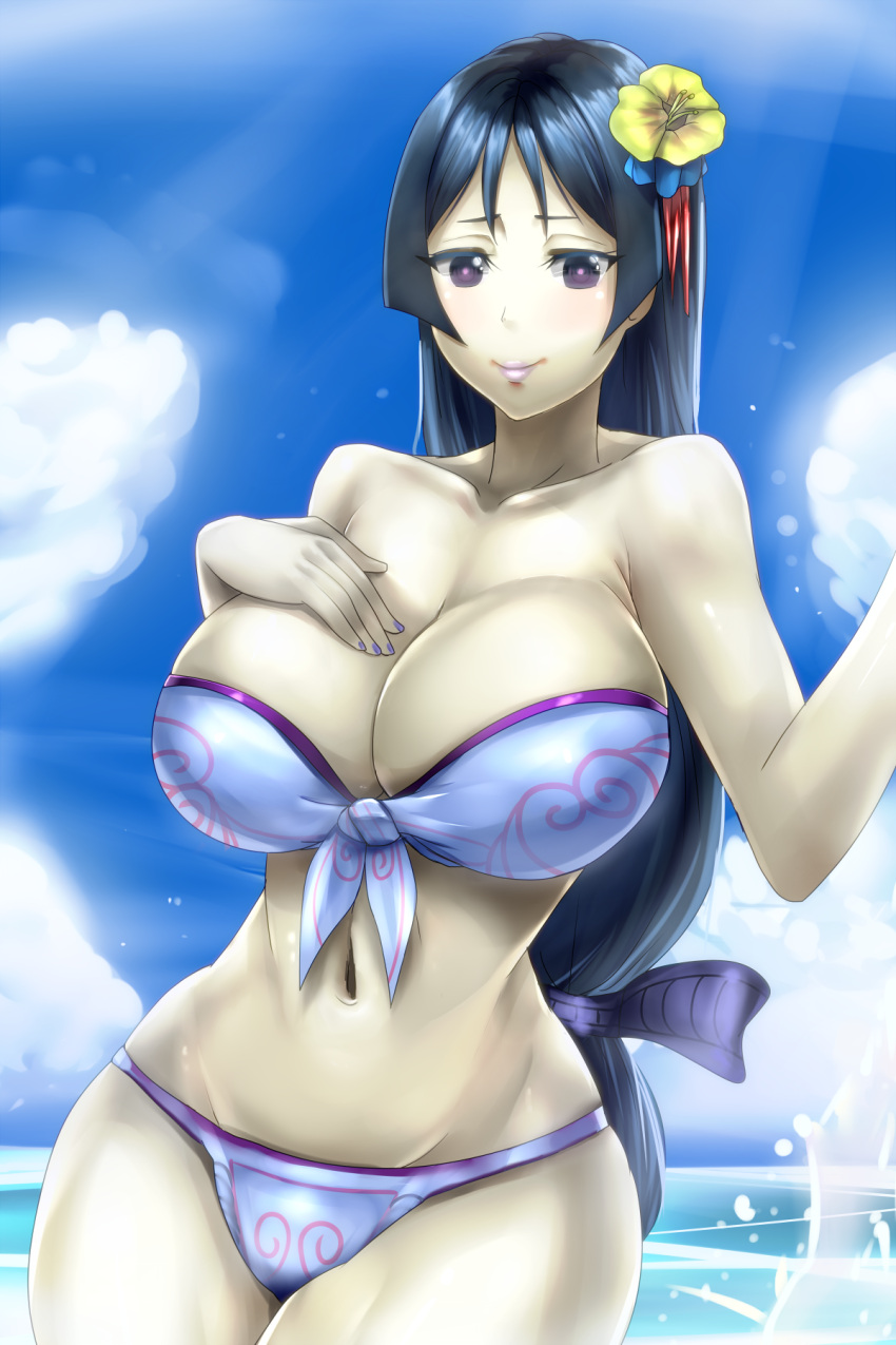 1girl, bikini, blue_hair, bow, breasts, cleavage, curvy, fate/grand_order
