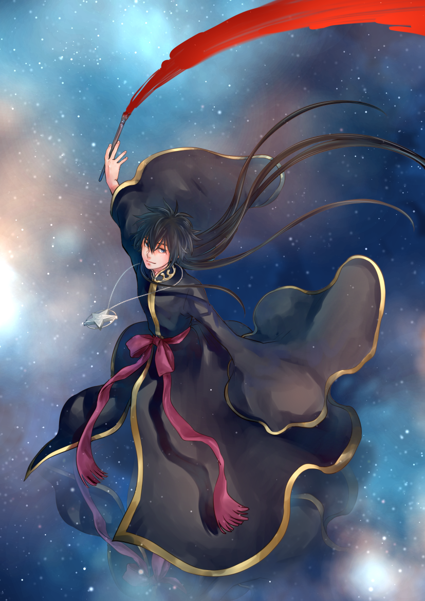 1girl, ag.o, black_hair, blue_eyes, hades_(saint_seiya), long_hair, low_ponytail, paintbrush