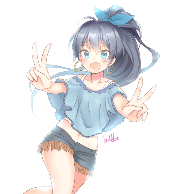 1girl, belldot, blush, body_piercing, earrings, female, ganaha_hibiki, hoop_earrings, idolmaster, long_hair, looking_at_viewer, ponytail, solo