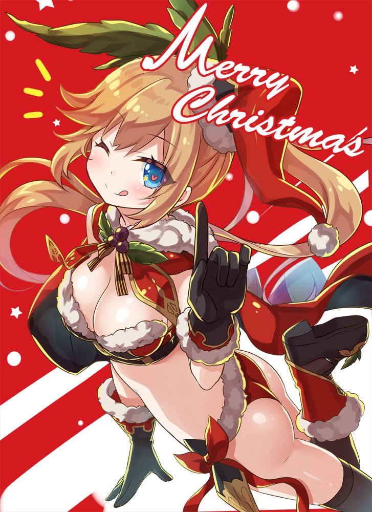 1girl, ;q, ass, boots, breasts, christmas, clarisse_(granblue_fantasy), cleavage