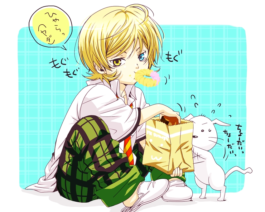 1boy, animal, blonde_hair, blue_eyes, child, code:breaker, collared_shirt, dog
