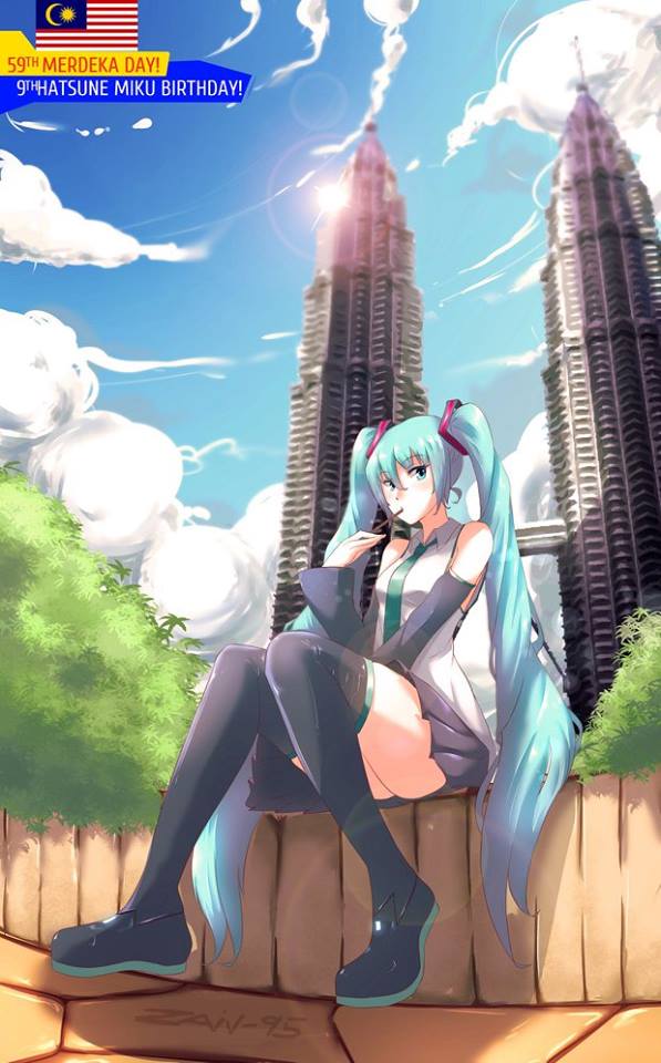 1girl, aqua_eyes, aqua_hair, building, clouds, english, foreshortening, hatsune_miku