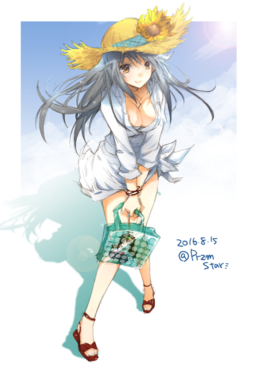 2girls, alternate_costume, artist_name, bikini, black_hair, breast_press, breasts, cleavage, flower, from_above, full_body, haruna_(kantai_collection), hat, hat_flower, jacket, kantai_collection, knees_together_feet_apart, kongou_(kantai_collection), large_breasts, light_smile, long_hair, looking_at_viewer, multiple_girls, przm_star, sandals, sarong, straw_hat, sun_hat, swimsuit, twitter_username, white_bikini, white_jacket, yellow_eyes