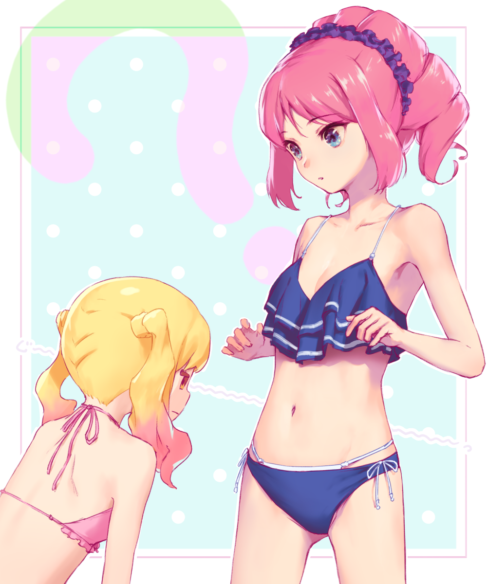 2girls, ?, aikatsu!, aikatsu_stars!, bikini, blonde_hair, blue_bikini, blue_eyes