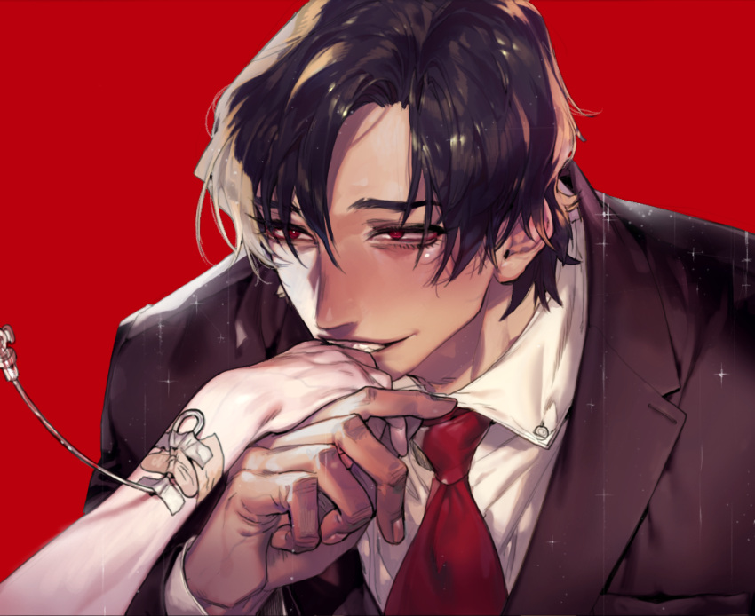 1boy, black_hair, boku_dake_ga_inai_machi, formal, fujinuma_satoru, hand_kiss, intravenous_drip, kiss, male_focus, necktie, pigeon666, red_background, red_eyes, simple_background, smirk, solo_focus, suit, yashiro_gaku