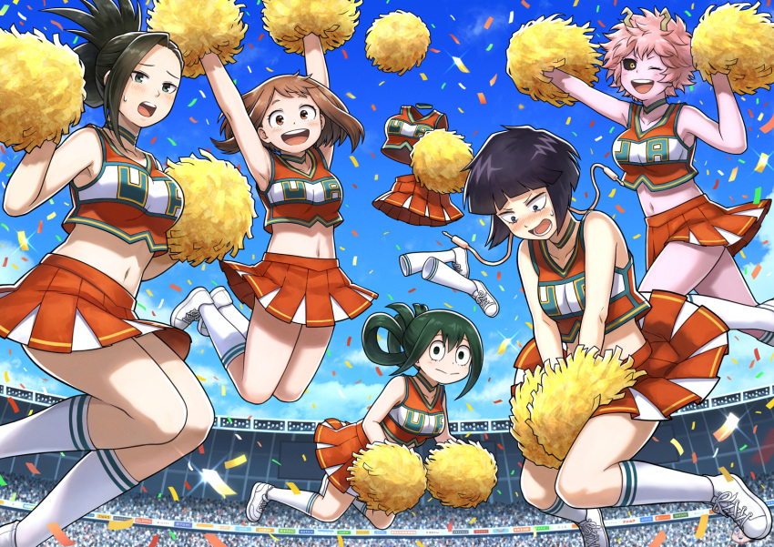 6+girls, armpits, ashido_mina, asui_tsuyu, black_eyes, black_hair, black_sclera, blush