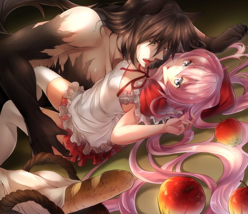 1boy, 1girl, apple, basket, big_bad_wolf_(cosplay), big_bad_wolf_(grimm), black_hair, blue_eyes