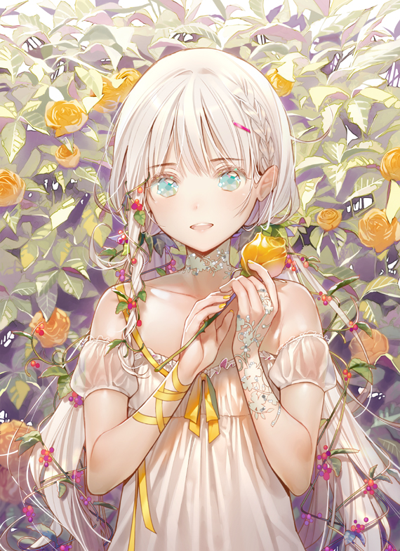 1girl, aqua_eyes, bangs, bare_shoulders, braid, choker, detached_sleeves, dress, dsmile, eyebrows, eyebrows_visible_through_hair, flat_chest, flower, food, frilled_dress, frills, fruit, hair_ornament, hair_vines, hairclip, henna, holding, holding_flower, leaf, long_hair, looking_at_viewer, low_twintails, nail_polish, original, plant, ribbon, rose, side_braid, solo, strapless, strapless_dress, twintails, upper_body, vines, white_dress, white_hair, wrist_ribbon, yellow_nails, yellow_ribbon, yellow_rose