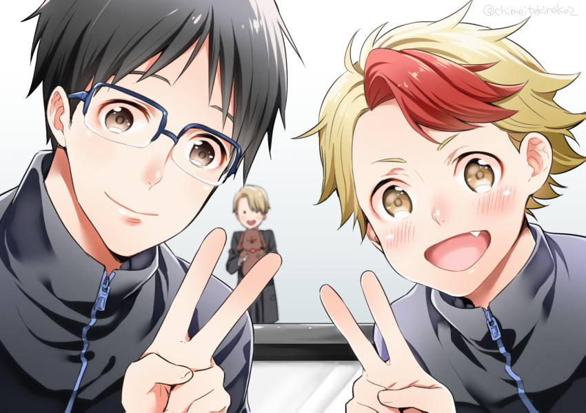 3boys, black_hair, blonde_hair, brown_eyes, dog, fang, katsuki_yuuri, male_focus