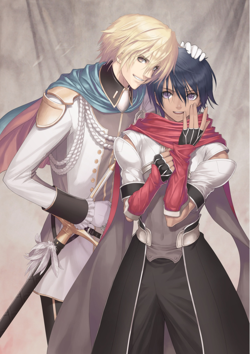 2boys, armor, black_hair, black_pants, blade_arcus_from_shining, blonde_hair, buttons, cape