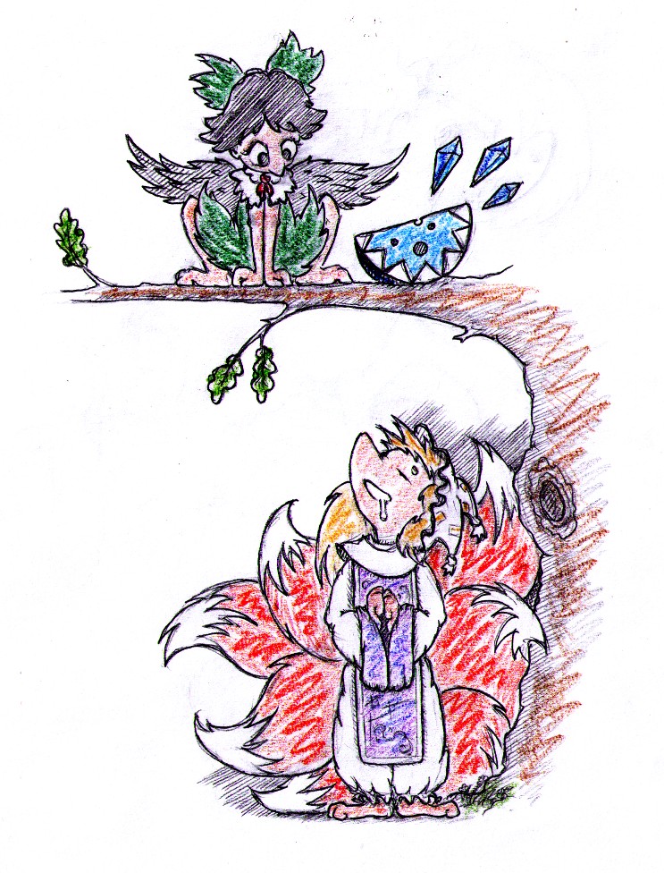 :o, aesop's_fables, branch, cheese, cirno, colored_pencil_(medium), food, ice, ice_wings, in_tree, looking_down, looking_up, oak_leaf, organis_(artist), pen_(medium), pun, reiuji_utsuho, russian, saliva, sitting, sitting_in_tree, the_fox_and_the_crow, touhou, traditional_media, tree, wings, yakumo_ran