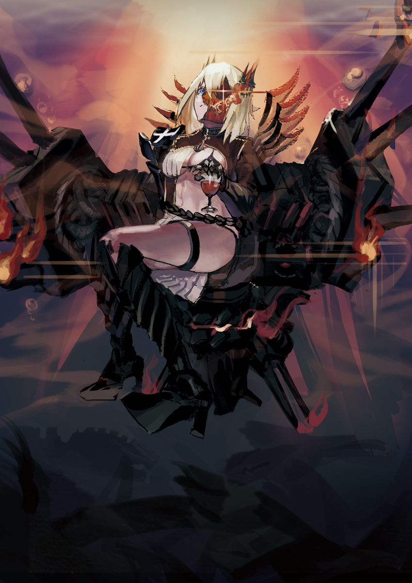 1girl, armor, armored_boots, belt, bikini, black_bikini, blue_eyes, boots, breasts, cannon, cleavage, cup, dark_persona, disfigured, drinking_glass, full_body, gauntlets, headgear, high_heels, highres, holding_glass, jacket, liyou-ryon, looking_at_viewer, machinery, military_jacket, navel, prince_of_wales_(zhan_jian_shao_nyu), red_jacket, shinkaisei-kan, sitting, skirt, swimsuit, thigh_strap, turret, wine_glass, zhan_jian_shao_nyu